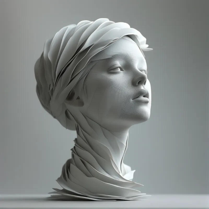 White sculpture of a human head with smooth cracked skin and hair formed from layered paper folds against a grey background.