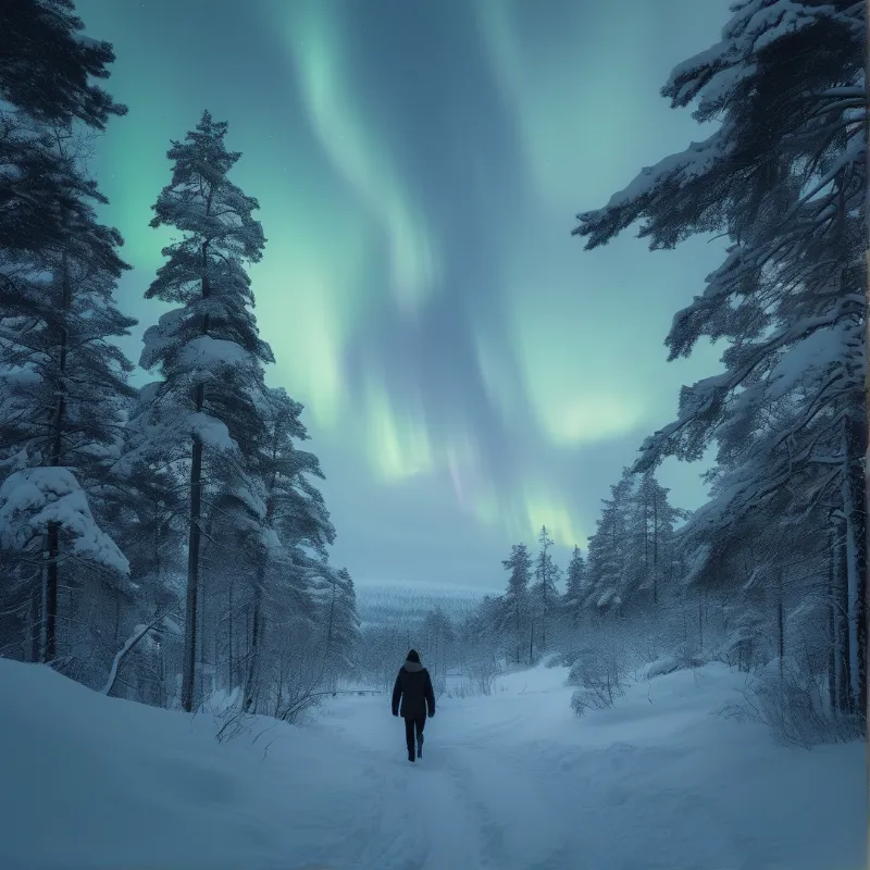 Solitary Walk Under Aurora