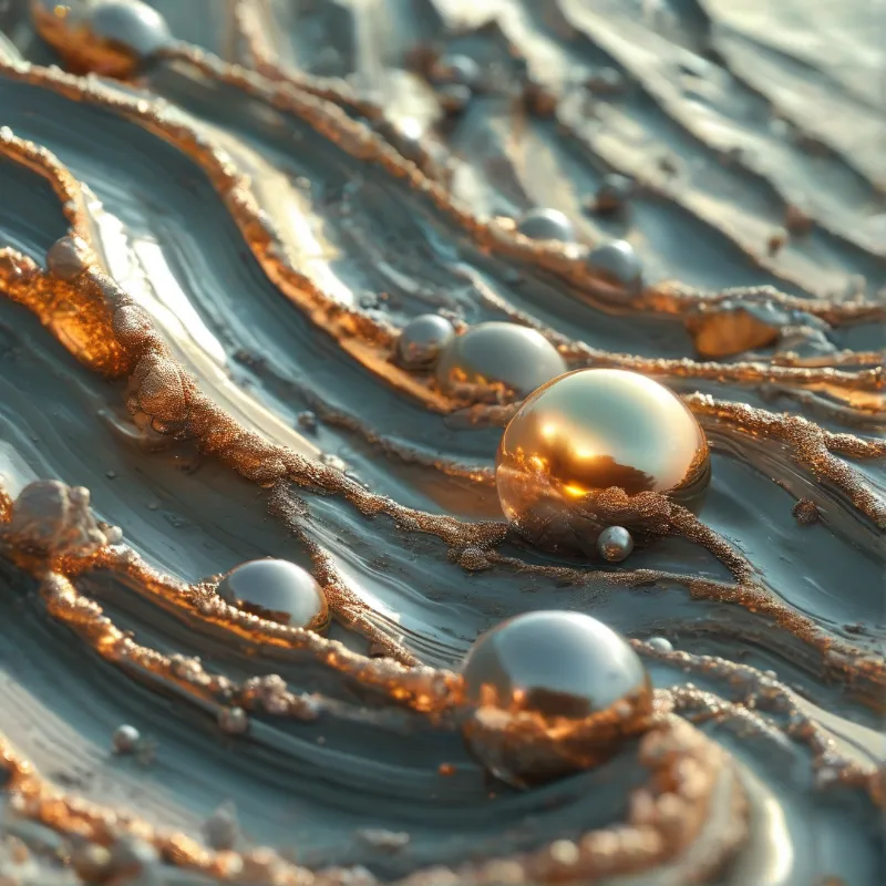 Macro shot showing thick dark liquid mixing with gold flakes as spherical droplets reflect warm light sources.