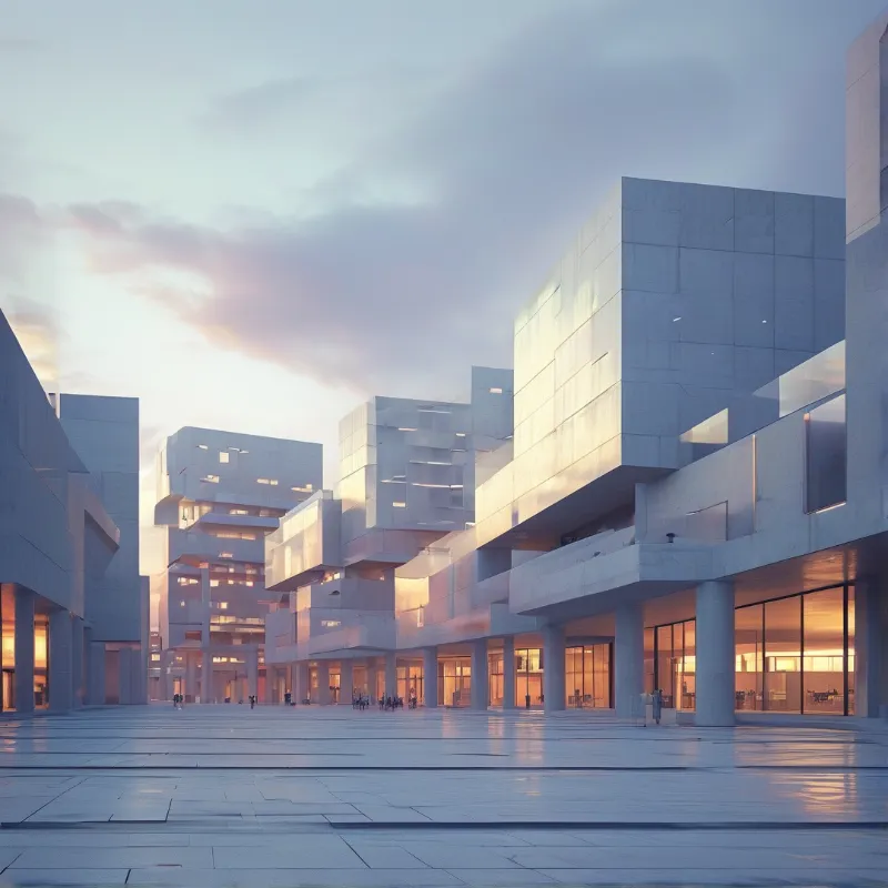 Blocky concrete buildings with warm glowing glass bases stand around a wet reflective plaza under a pink and blue dusk sky