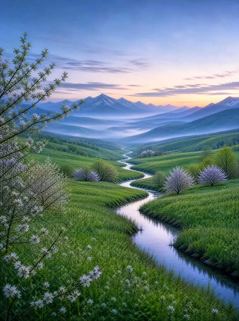 Misty River Valley Landscape