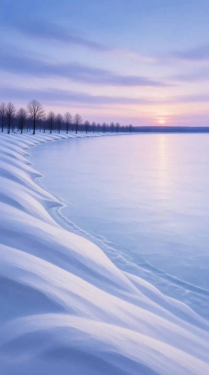 A frozen lake stretches beside a snow-covered shore lined with bare trees under a pastel sunset sky.