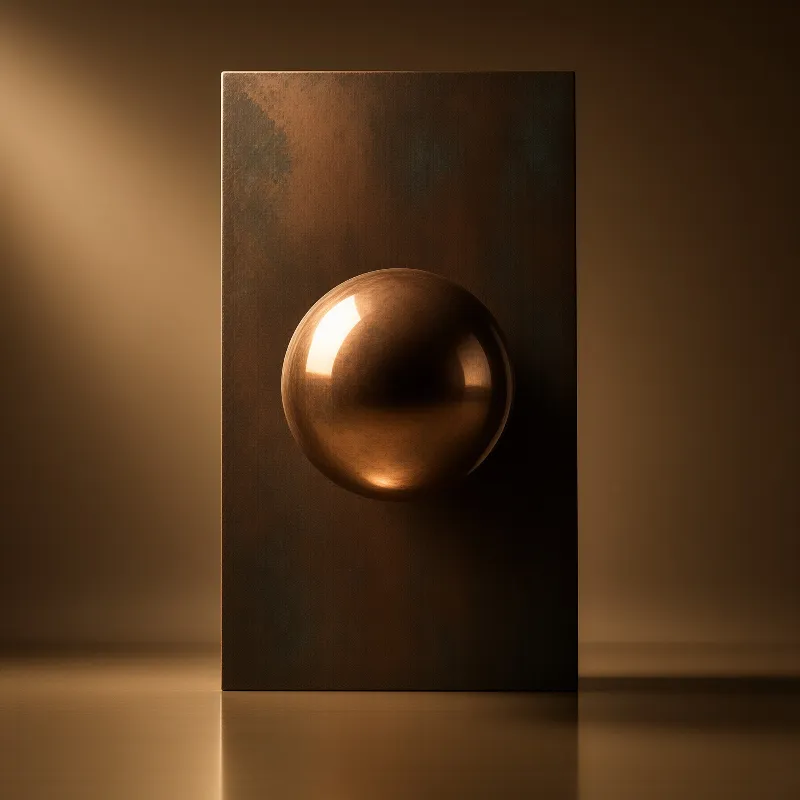 A reflective metallic sphere mounted on a vertical matte panel with warm side lighting and floor reflections creating soft gradients across the frame