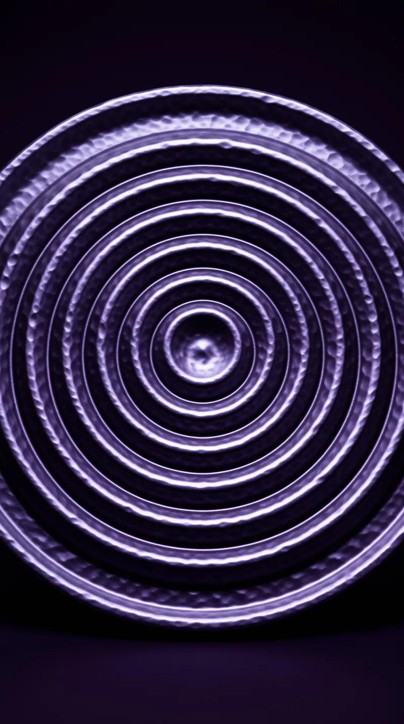 Hammered metal circles spread outward in glowing violet tones, echoing ripples across a shadowed plane.