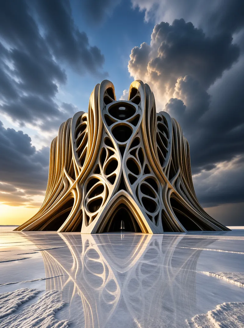 A sculpted wooden looking pavilion of woven arcs is mirrored on calm ice at dusk