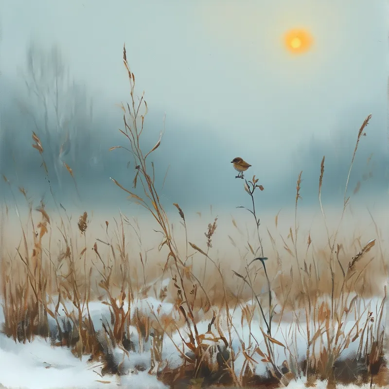 A small brown bird balances on a dried grass stem above patchy snow in a pale misty winter field with a soft sun.