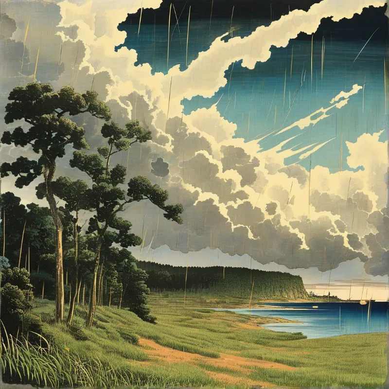 Tall green trees stand on the grassy bank of a blue lake while heavy rain falls from bright clouds above distant hills.