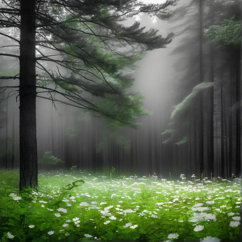 Tall pine trees rise above a grassy meadow covered in white wildflowers as beams of sunlight shine through the misty forest.