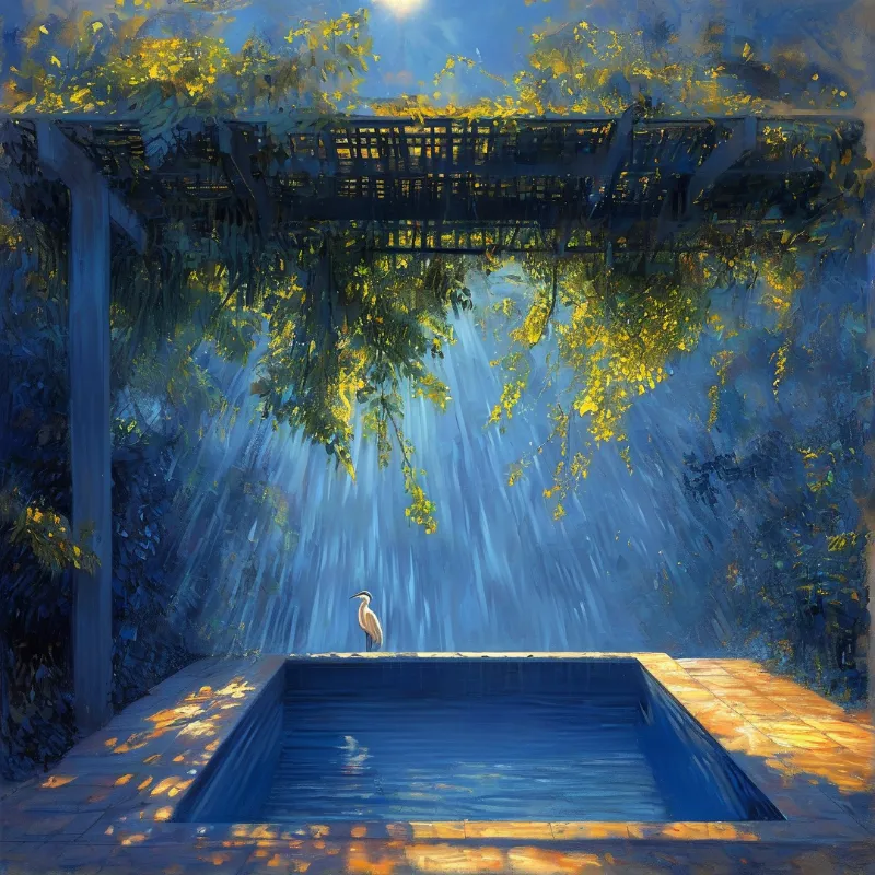 A white heron stands on the edge of a blue pool beneath a wooden trellis covered in yellow and green leaves in sunlight.