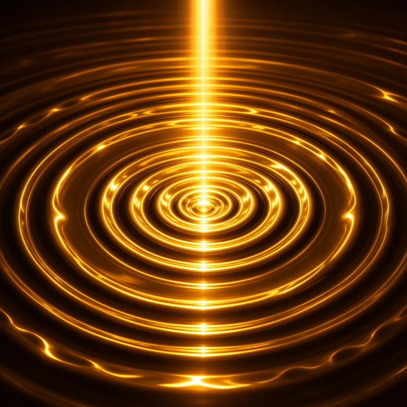 Warm golden concentric ripples spread outward from the center of a liquid surface crossed by a sharp vertical bright light line.