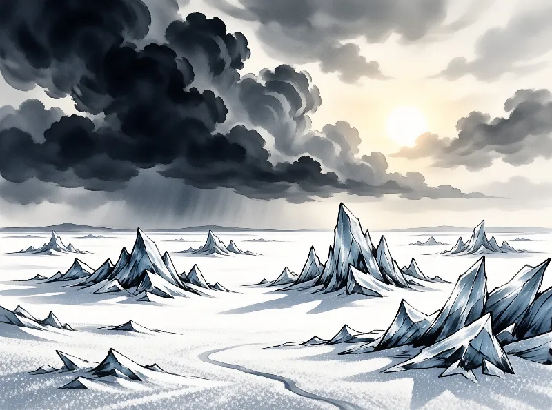Sharp blue ice spires rise from a white plain as dark storm clouds gather on the left side of the sky.
