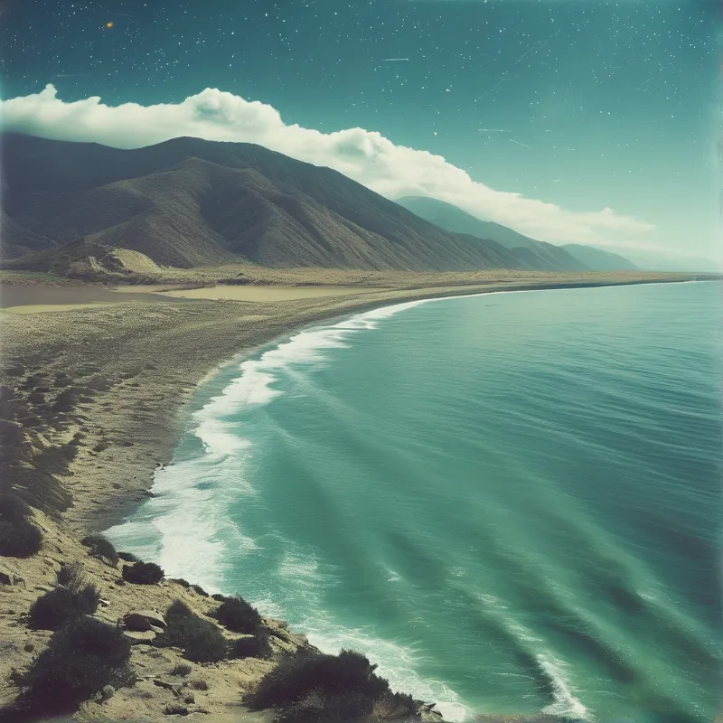 Aerial view of sandy coastline with turquoise waves rolling onto shore beside dark hills under starry sky