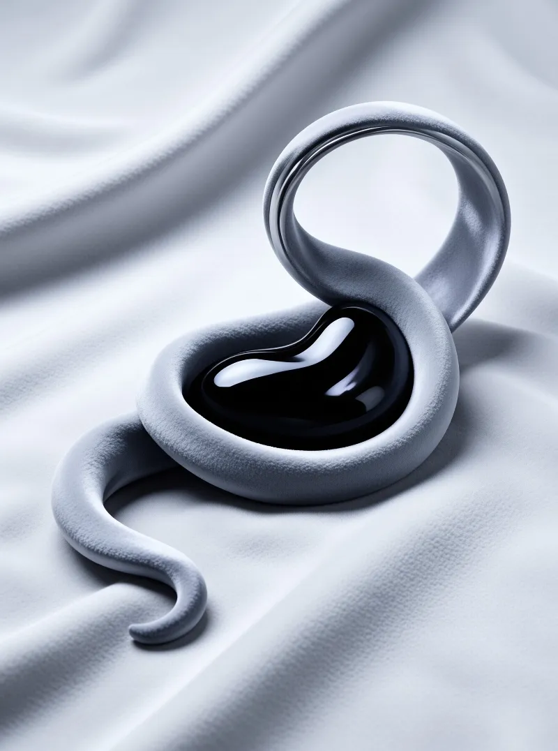 A reflective black liquid puddle rests inside a soft white fabric loop draped over wrinkled white silk cloth.