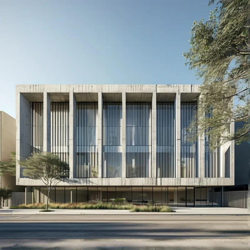 A modern concrete building with vertical columns and glass windows stands under a clear blue sky with trees.
