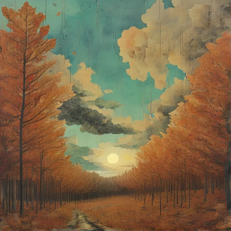 A weathered painting shows rust colored trees flanking a muddy track toward a small pale sun
