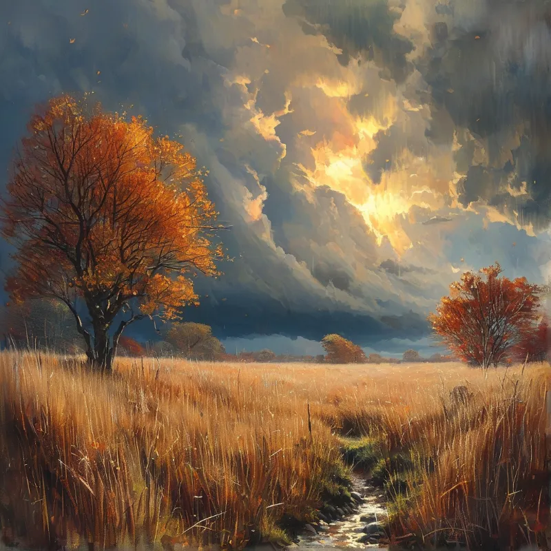 Tall ochre grasses and copper leaved trees bend beneath heavy clouds lit gold from behind.