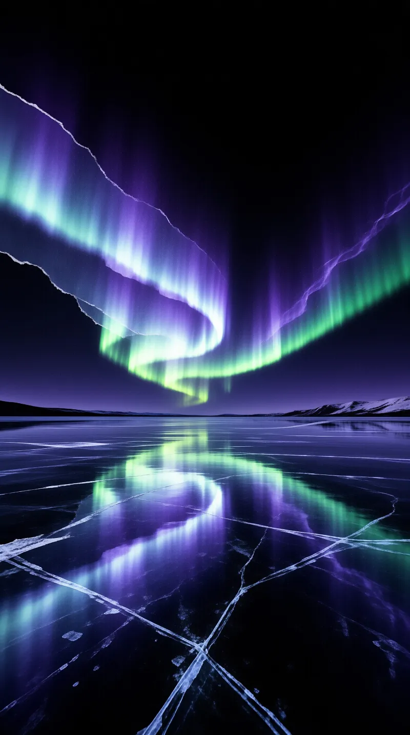 Vibrant green and purple aurora ribbons swirl across a dark night sky above a cracked frozen lake that mirrors the colorful lights on its icy surface.