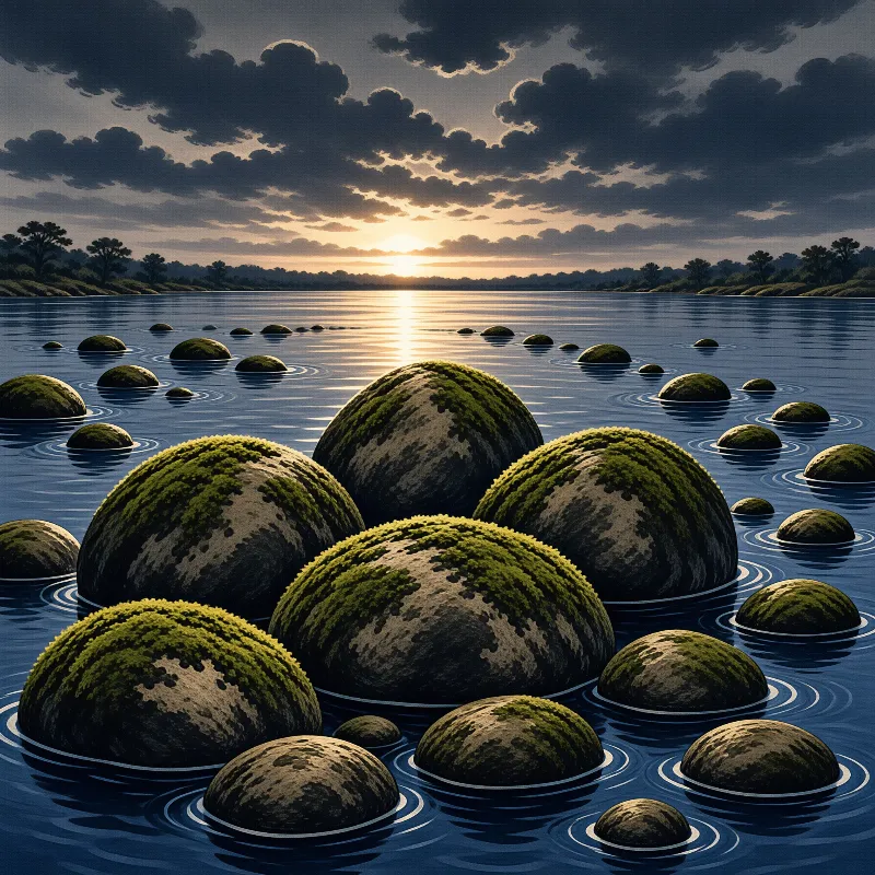 Large moss-covered stones float in a calm lake during a dramatic sunset with dark clouds overhead.