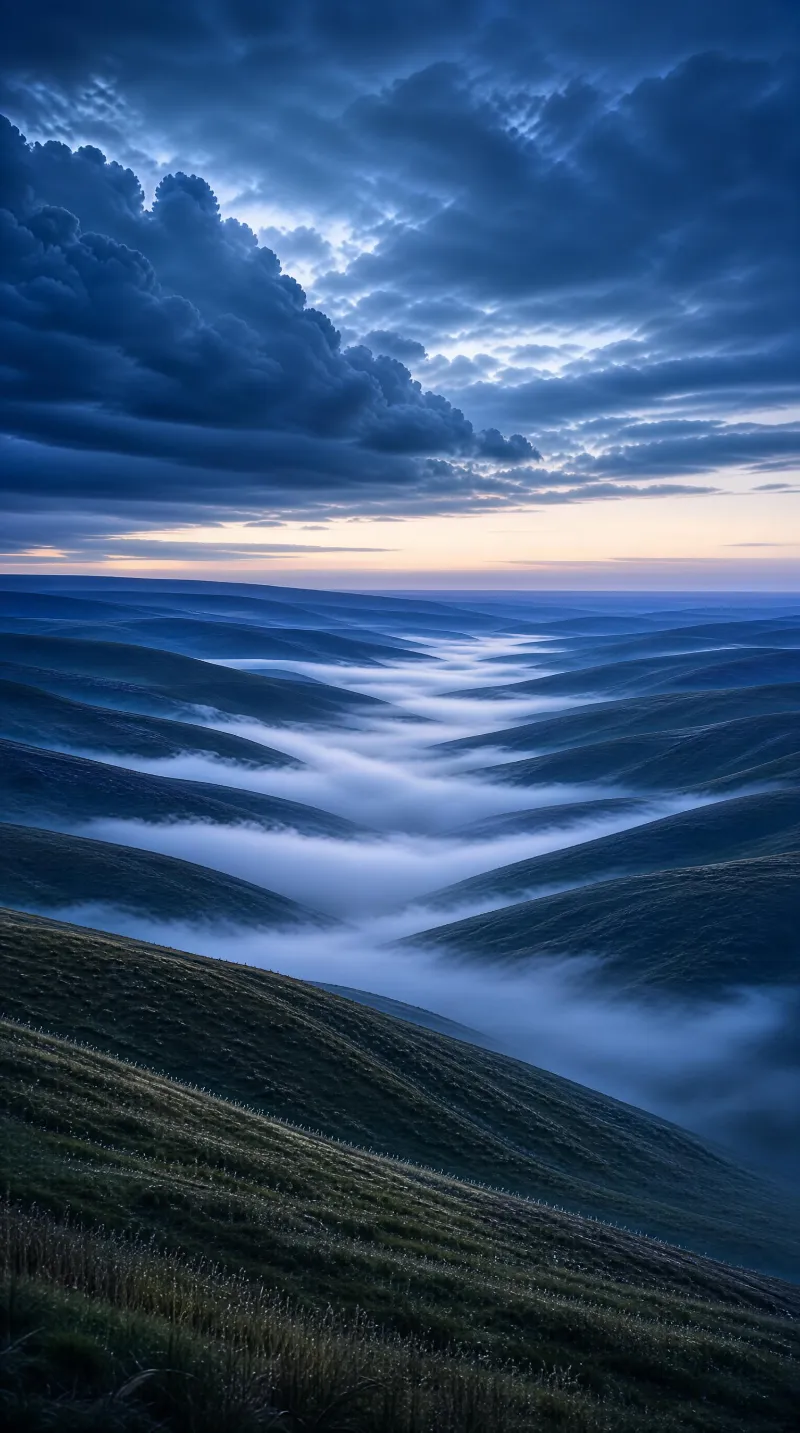 Rolling Hills at Dawn with Fog
