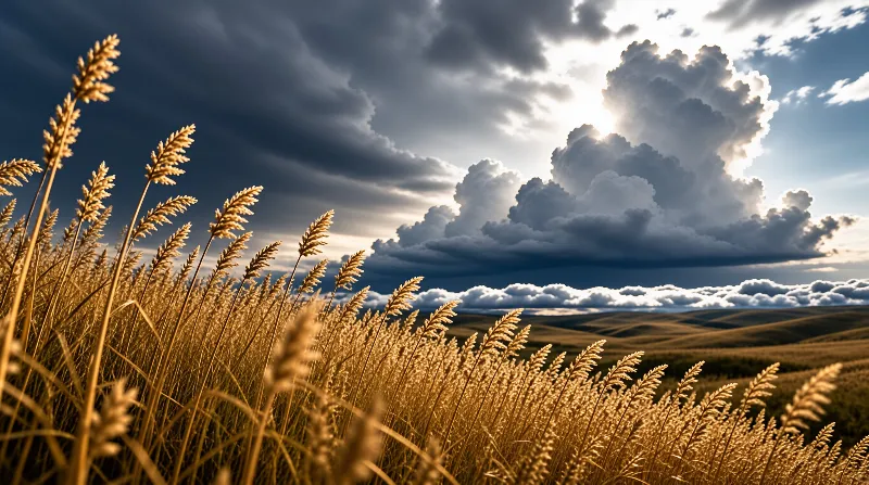 Golden grass stalks frame a view of rolling hills beneath a sky filled with large illuminated cumulus clouds.