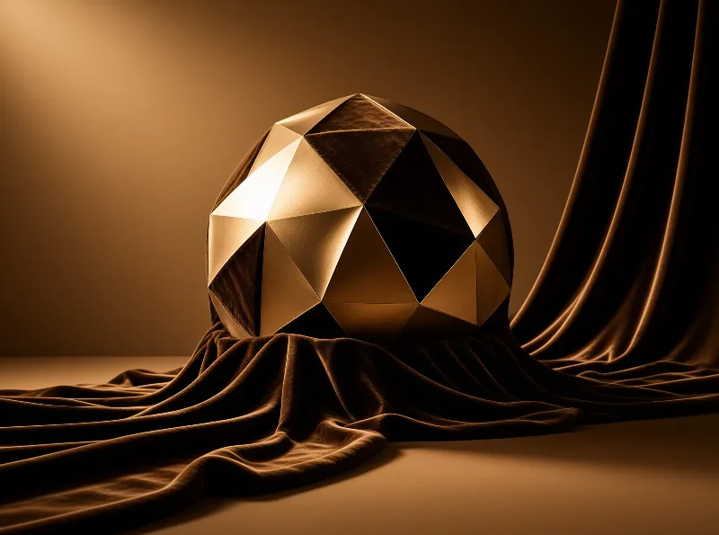 A faceted gold polyhedron rests upon draped brown velvet under warm directional lighting.