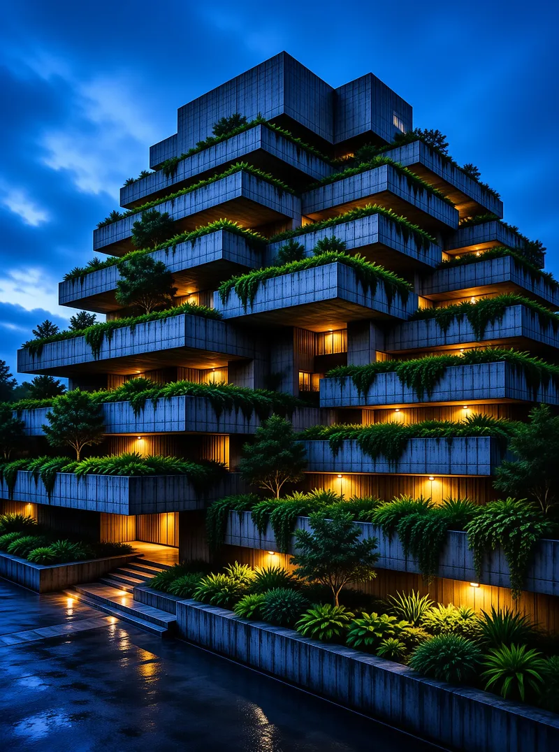 Modern stacked concrete balconies filled with dense vegetation and warm lighting against a dark blue evening sky.
