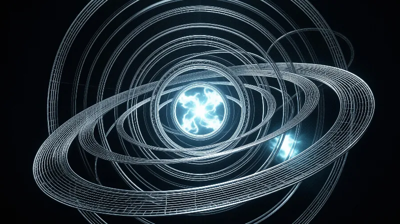 Interlocking silver mesh rings surround a luminous blue energy sphere against dark void with secondary glow
