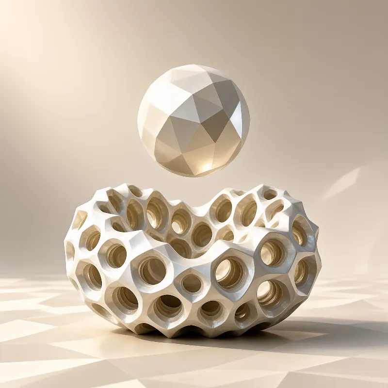 A white faceted sphere floats above a complex porous shell resting on a geometric floor with soft warm lighting.