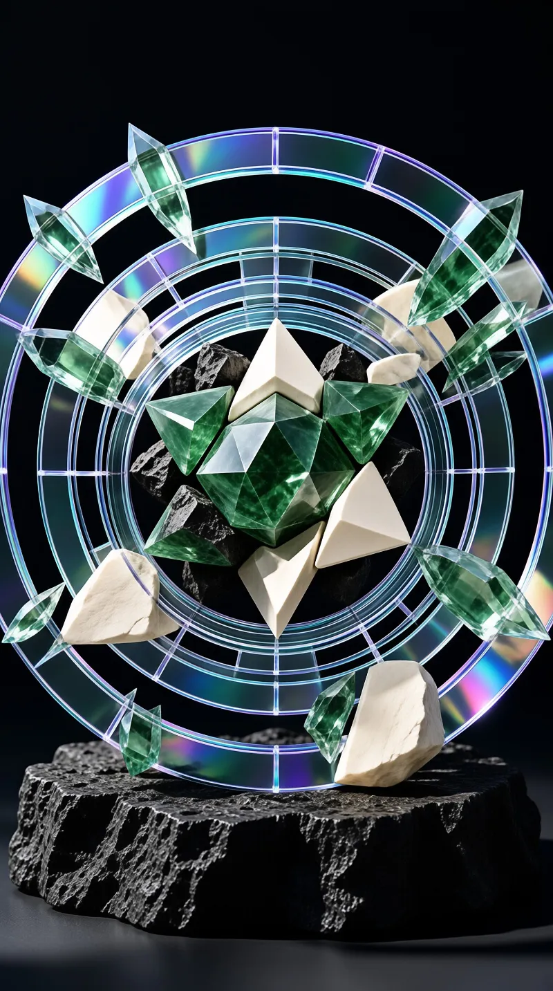 Geometric green and white crystals float within concentric iridescent rings above a rough black stone base.
