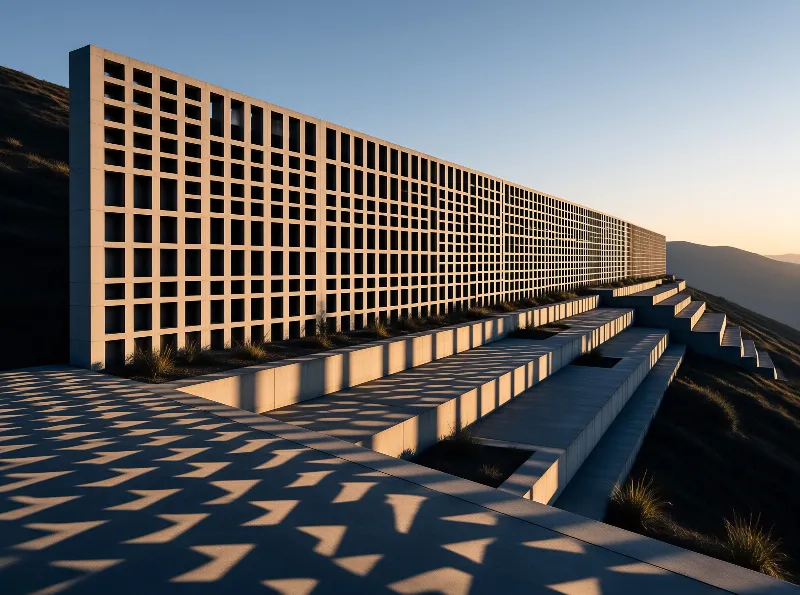 A long concrete lattice wall sits on a grassy slope, casting sharp geometric shadows across stepped terraces in warm light.