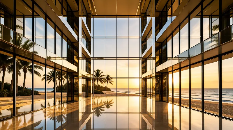 Modern glass walls frame a tropical beach scene with palm trees and warm sunset light reflecting on the floor.
