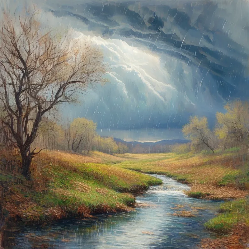 A winding river flows through a green valley while dark storm clouds release rain over the landscape.