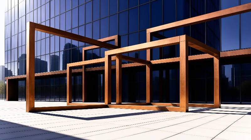 A cluster of reddish metal rectangles stands on a sunlit paved plaza before a modern blue glass facade.