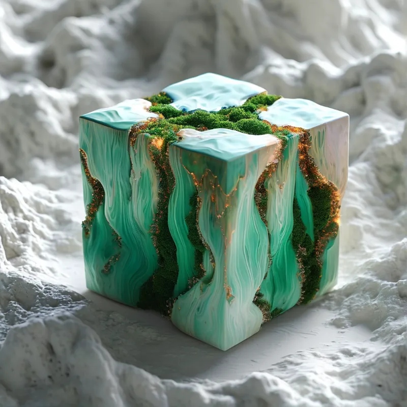 A textured green and gold cube sits isolated in a white sandy landscape with mossy top details.