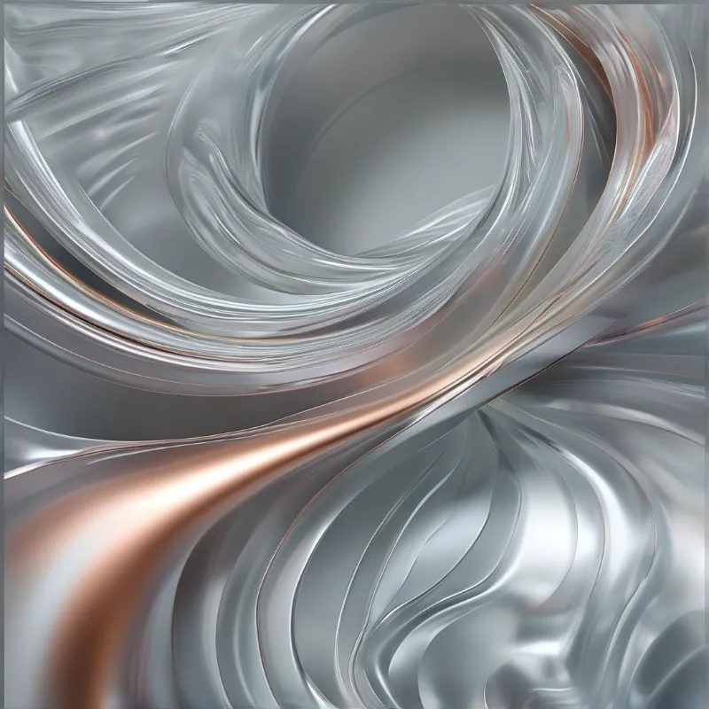 Swirling liquid metal flows in silver and copper tones creating a smooth reflective abstract pattern with dynamic curves.