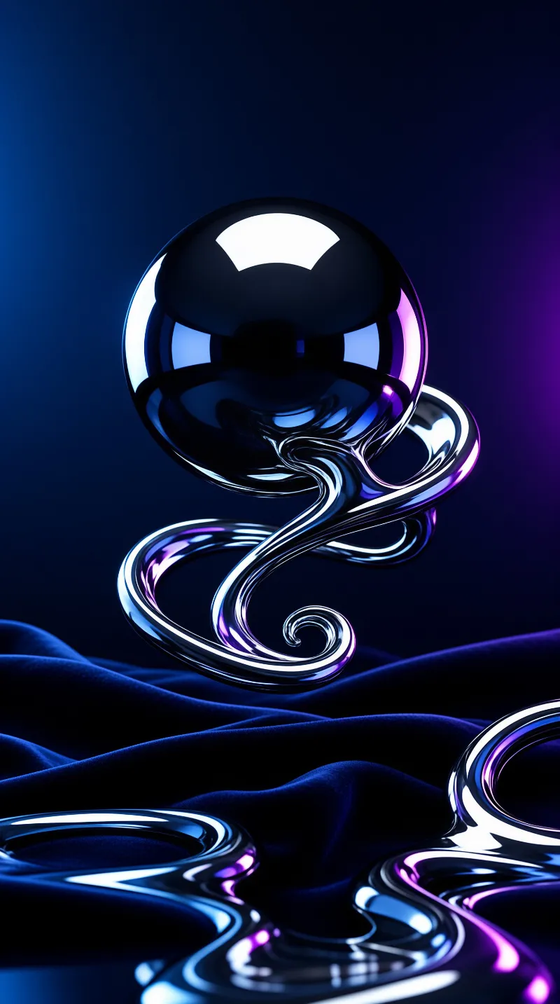 Glossy liquid metal shapes float above dark fabric reflecting blue and purple ambient light.