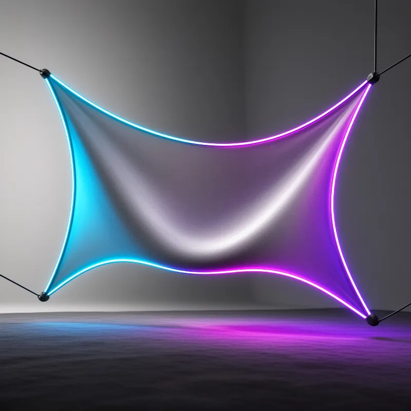 A curved glowing fabric hangs from four corners displaying blue and purple neon light against a gray floor.