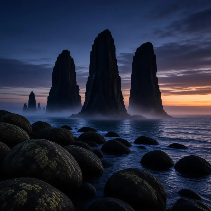 Three massive rock formations rise from the ocean while fog drifts near their bases and boulders sit in front.