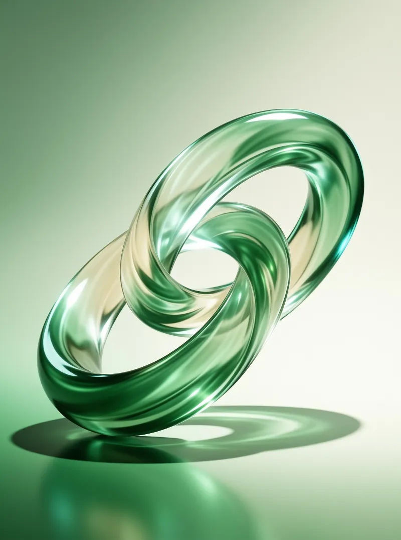 A twisted translucent emerald green glass sculpture rests against a smooth gradient backdrop casting a soft blurred shadow on the glossy surface below it