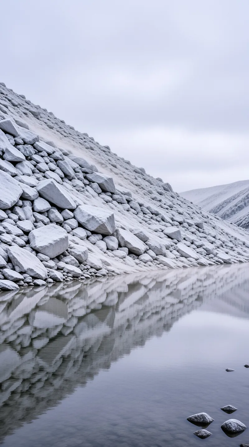 A bank of pale angular stones slopes down to a smooth reflective lake under a cloudy grey sky.