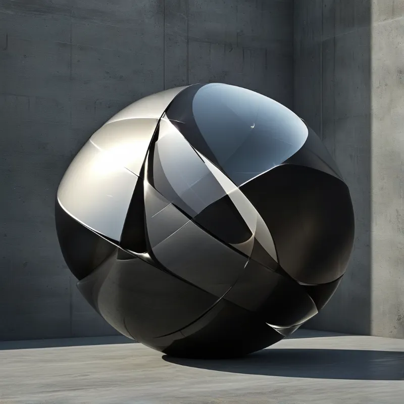 A polished steel ball rests on a gray concrete surface within a minimalist architectural space.
