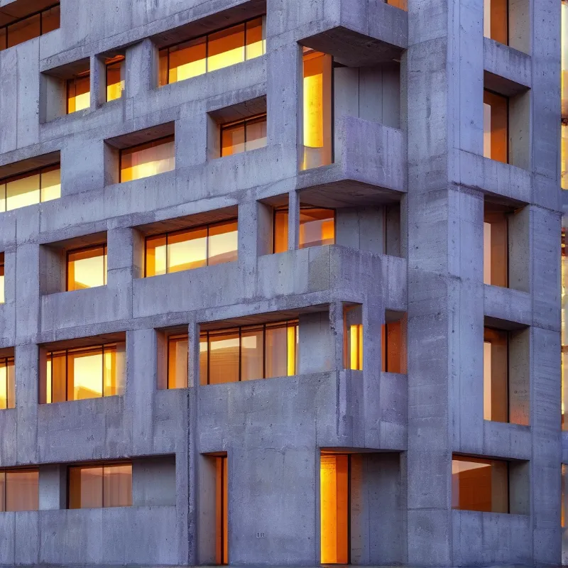 Geometric concrete architecture displays dark frames contrasting with intense yellow light from inside each room.