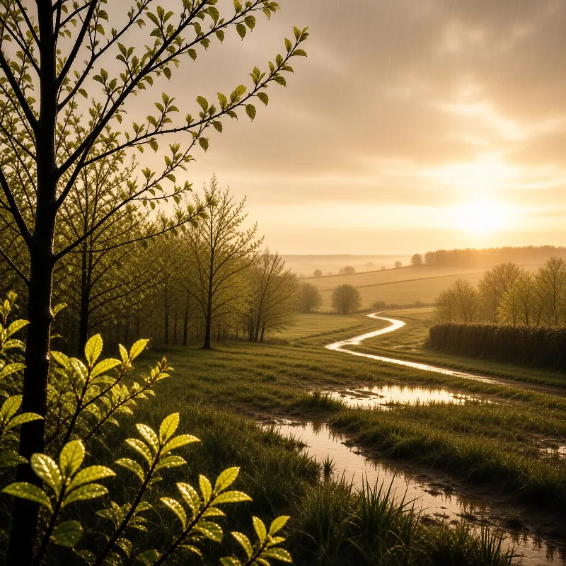 A narrow creek curves across a green field toward a low sun as fine rain falls at dusk
