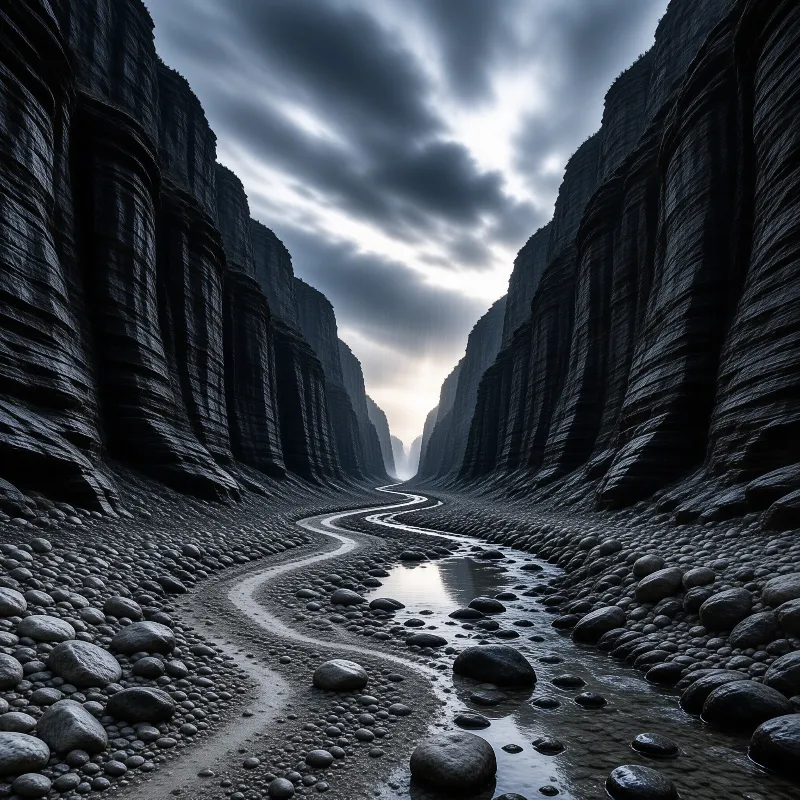 A silvery stream meanders across a rocky riverbed flanked by massive dark canyon walls and moody skies.