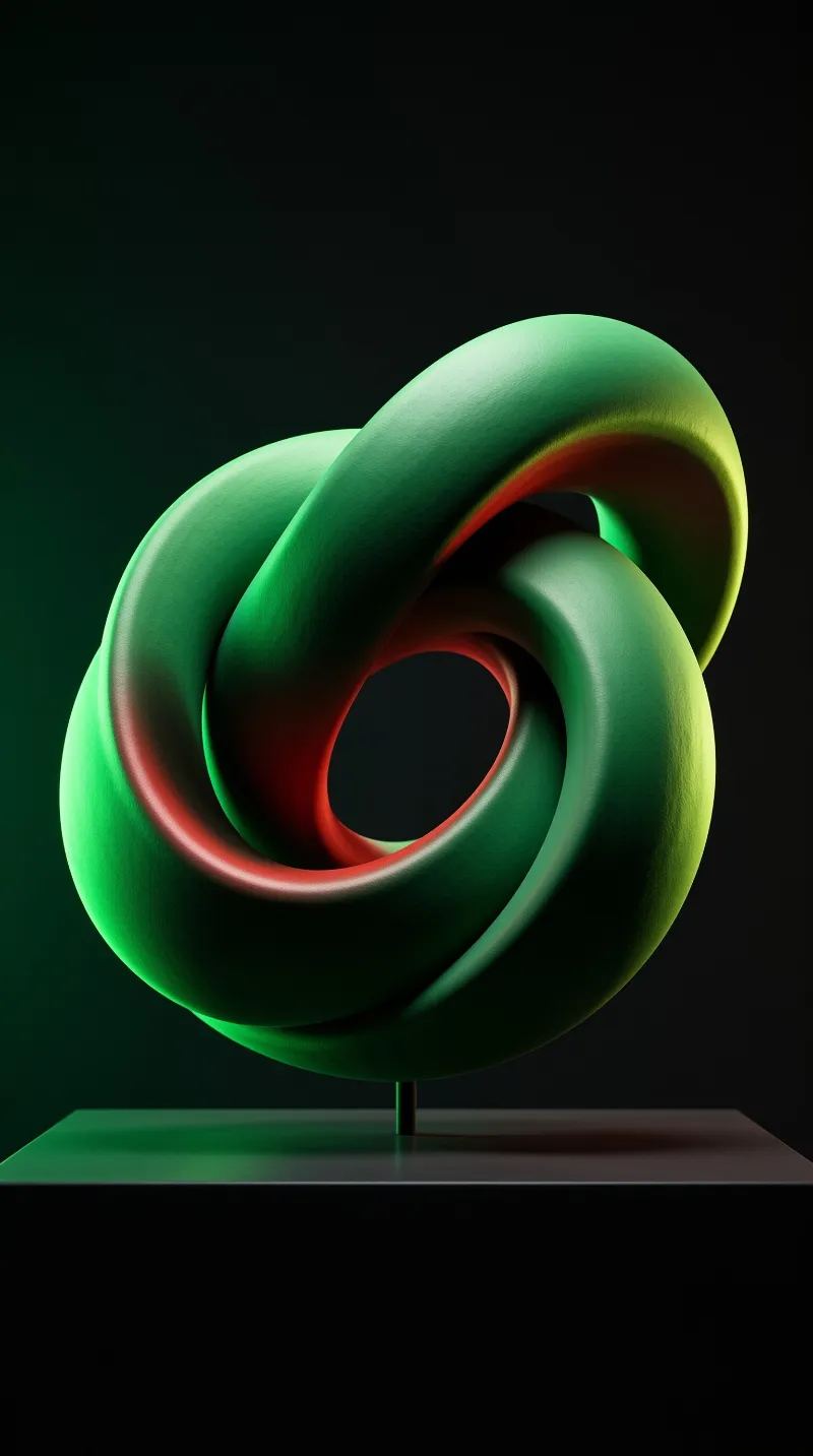 A continuous green twisted form with red inner surfaces sits on a reflective base under dramatic green lighting.