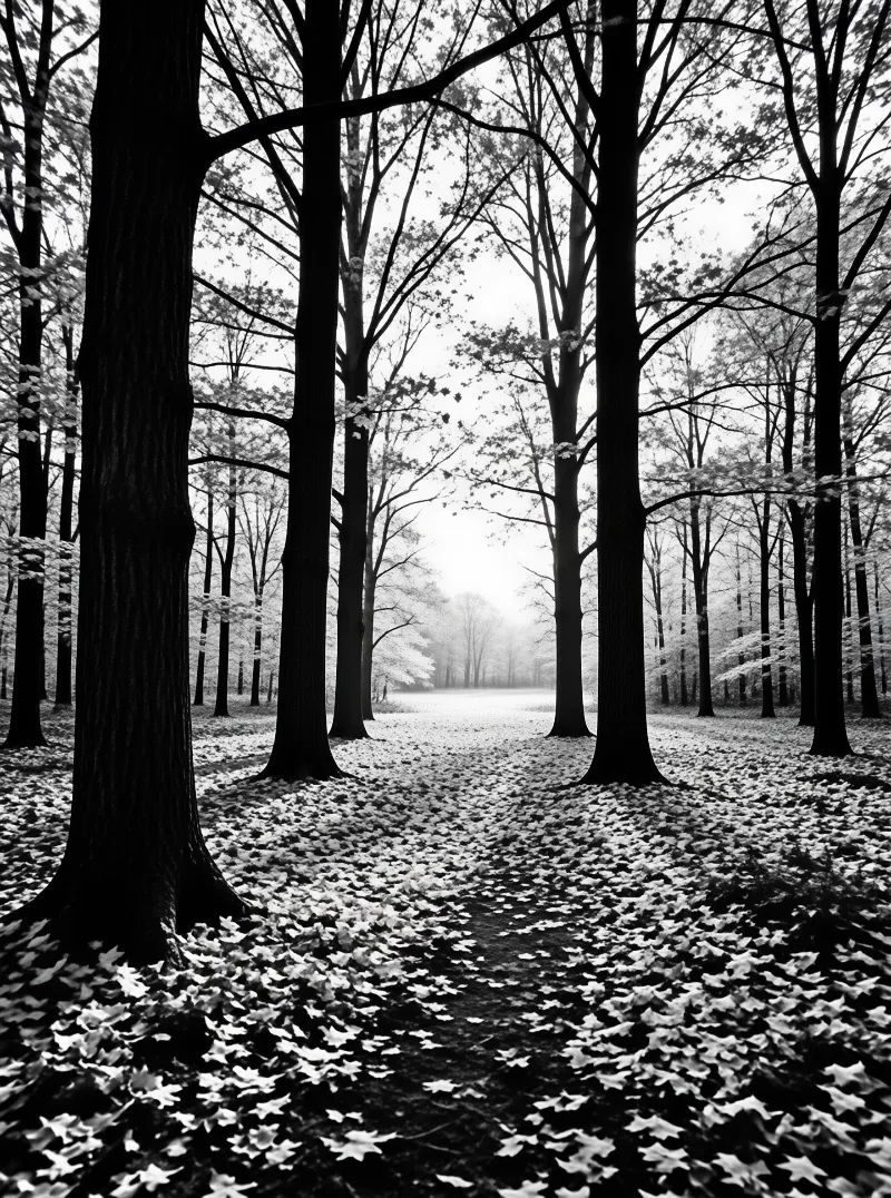 A monochrome view of a forest path covered in leaves leading into fog with dark trees on either side.