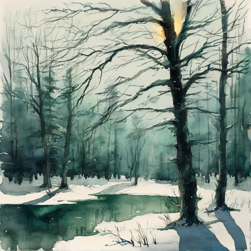 Winter forest with tall bare deciduous trees, snow-covered ground, and a still green pond reflecting soft light filtering through branches.