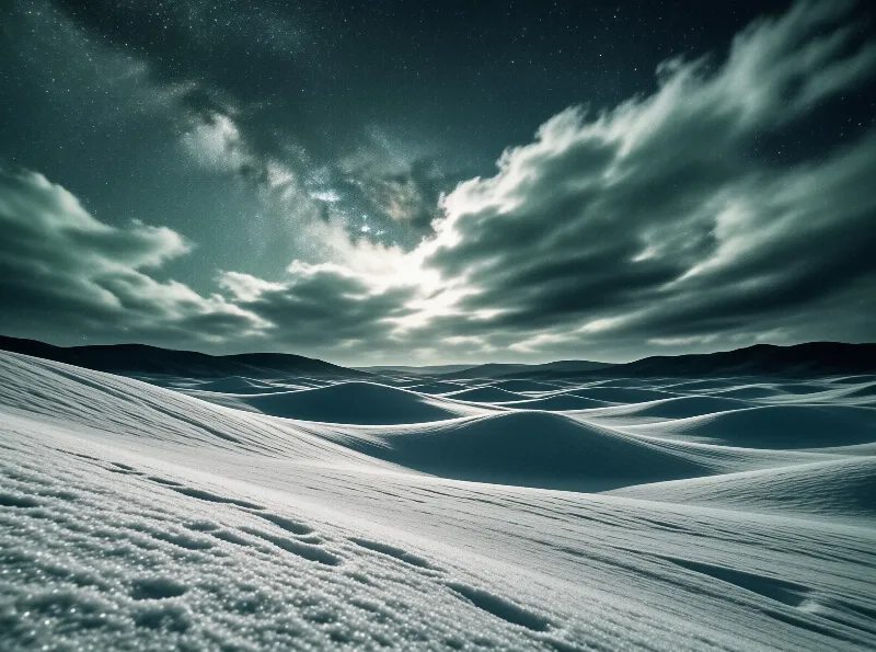 Expansive white sand dunes ripple across the landscape while heavy clouds and stars fill the teal night sky above.