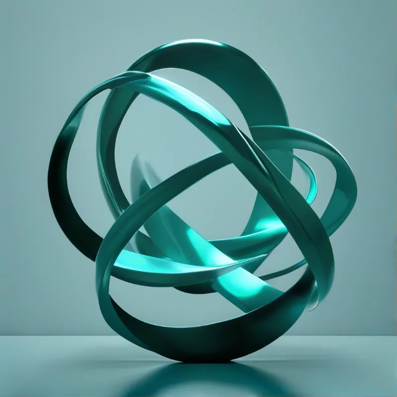 A glossy teal ribbon structure forms a complex knot on a gray surface against a muted blue background.