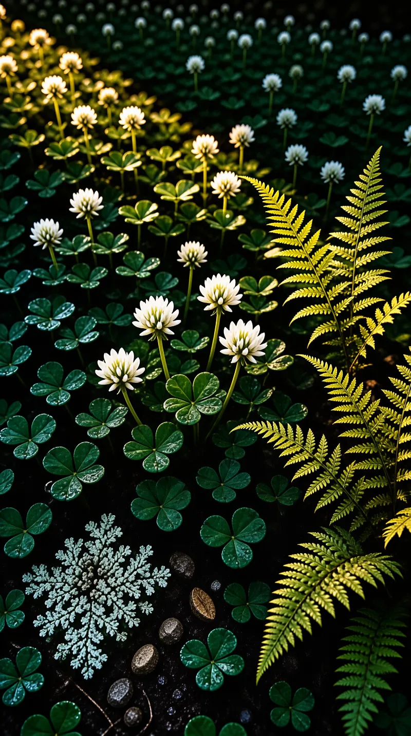 Luminous white clover blossoms and glossy leaves rise above a dark shadowed ground beside a bright golden fern and silvery moss.